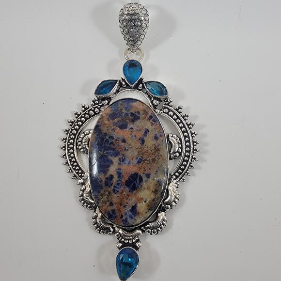 Sodalite Pendant Necklace – With Blue Topaz Accents + 20" Sterling Silver Chain - Picture 1 of 10